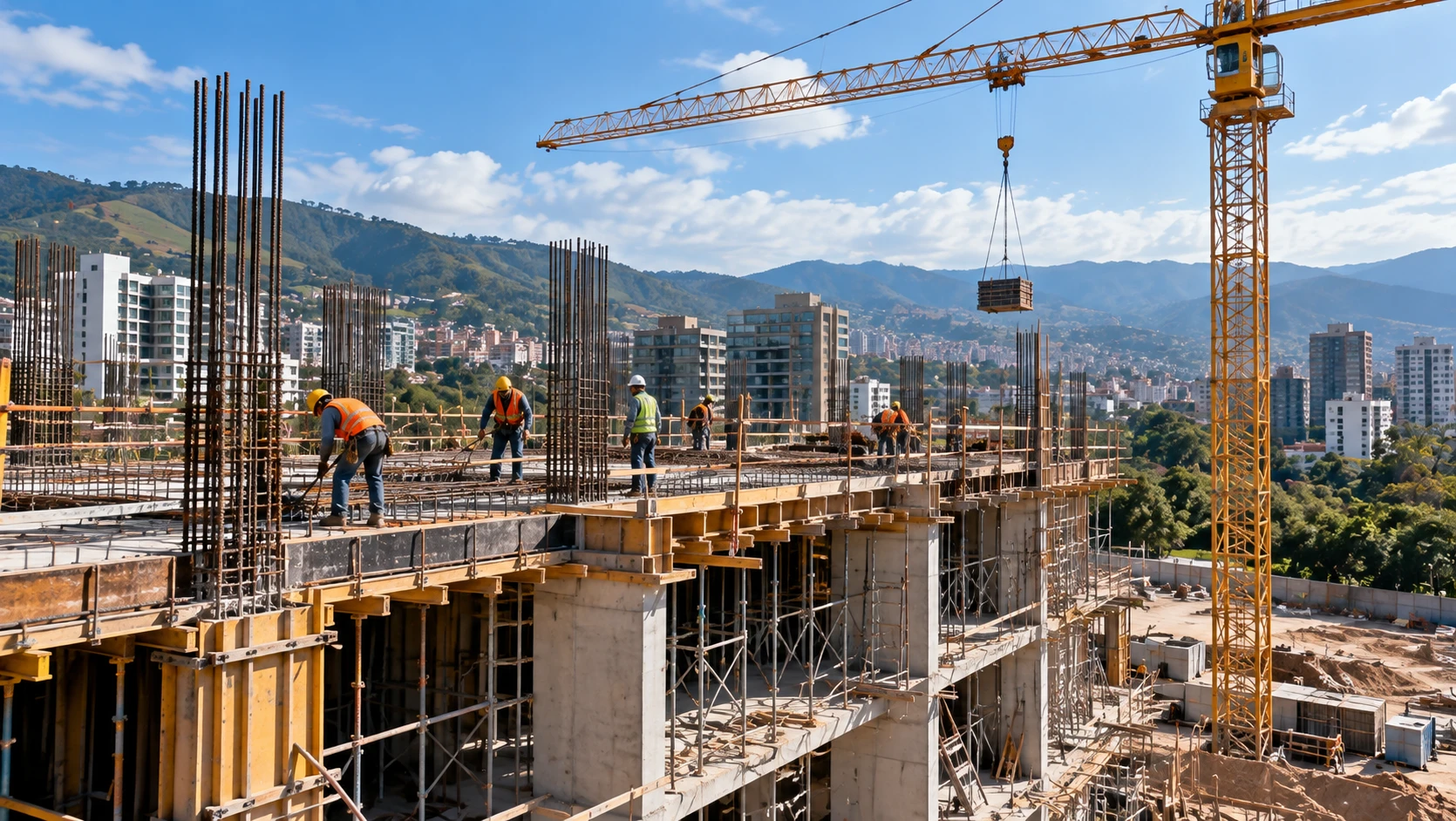 Obra en construcción con grúa torre y trabajadores